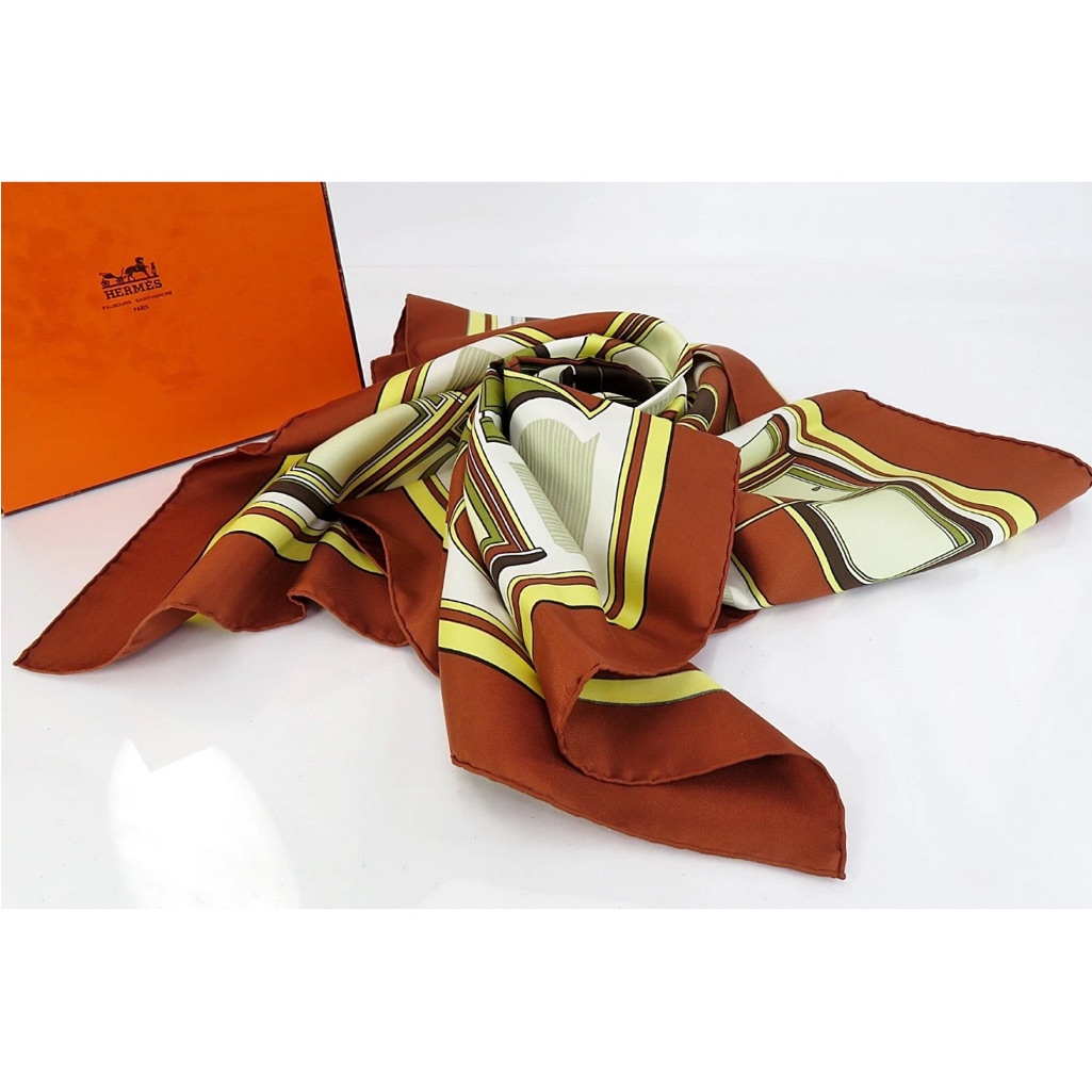 Herms Multicolor Silk Scarf With Brown And Yellow Accents